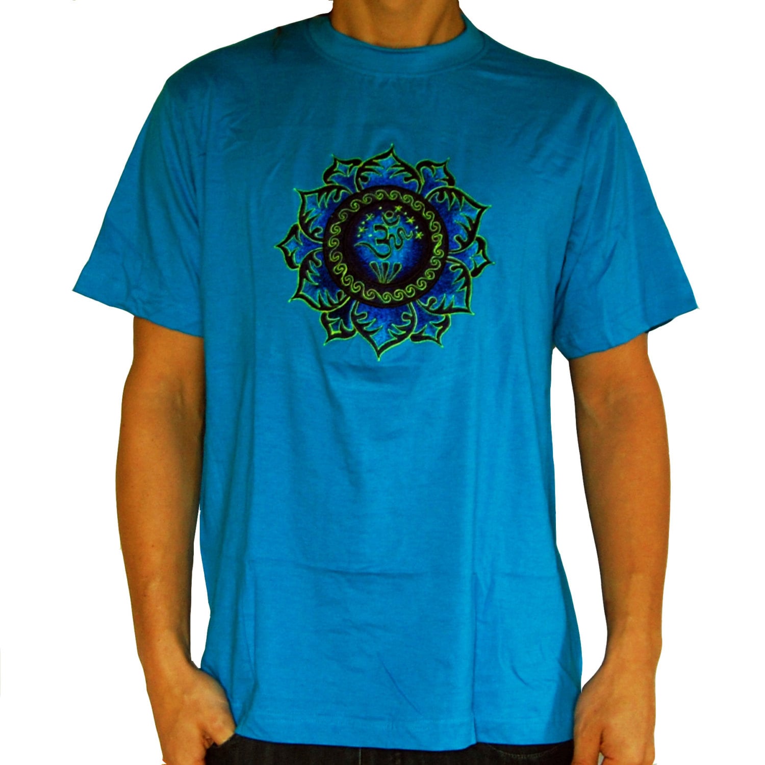 AUM blue mandala T-Shirt blacklight handmade embroidery no print