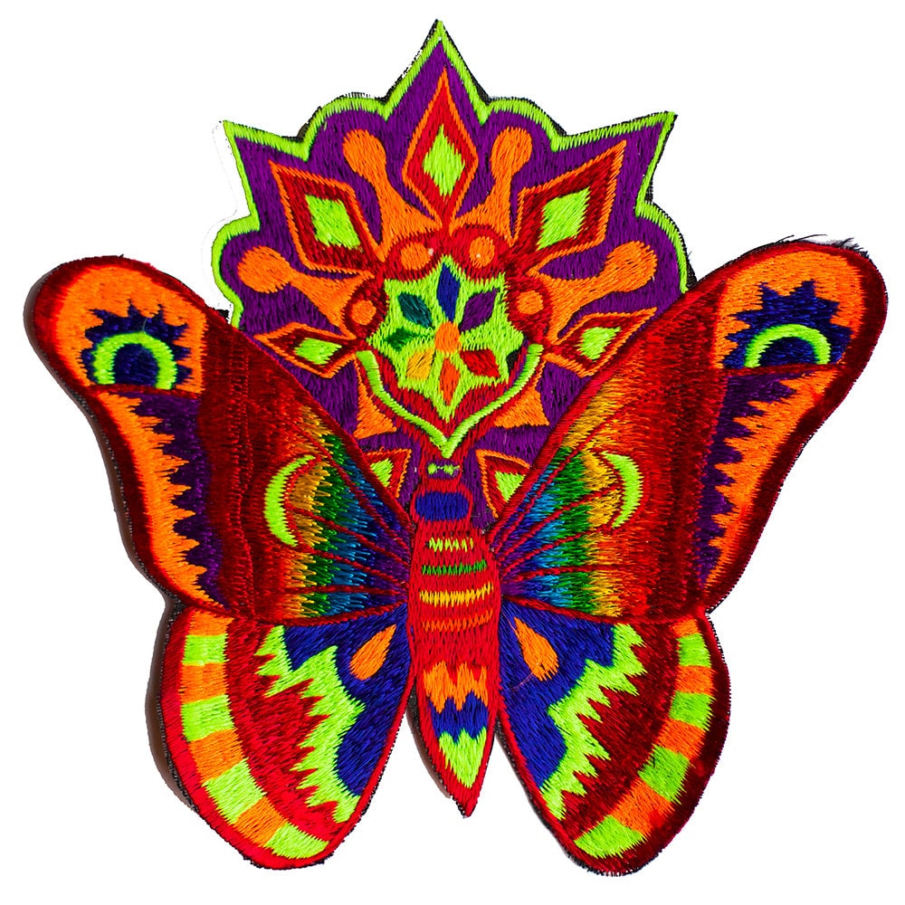 Huichol butterfly patch medium size moon candle rainbow blacklight active psychedelic colours